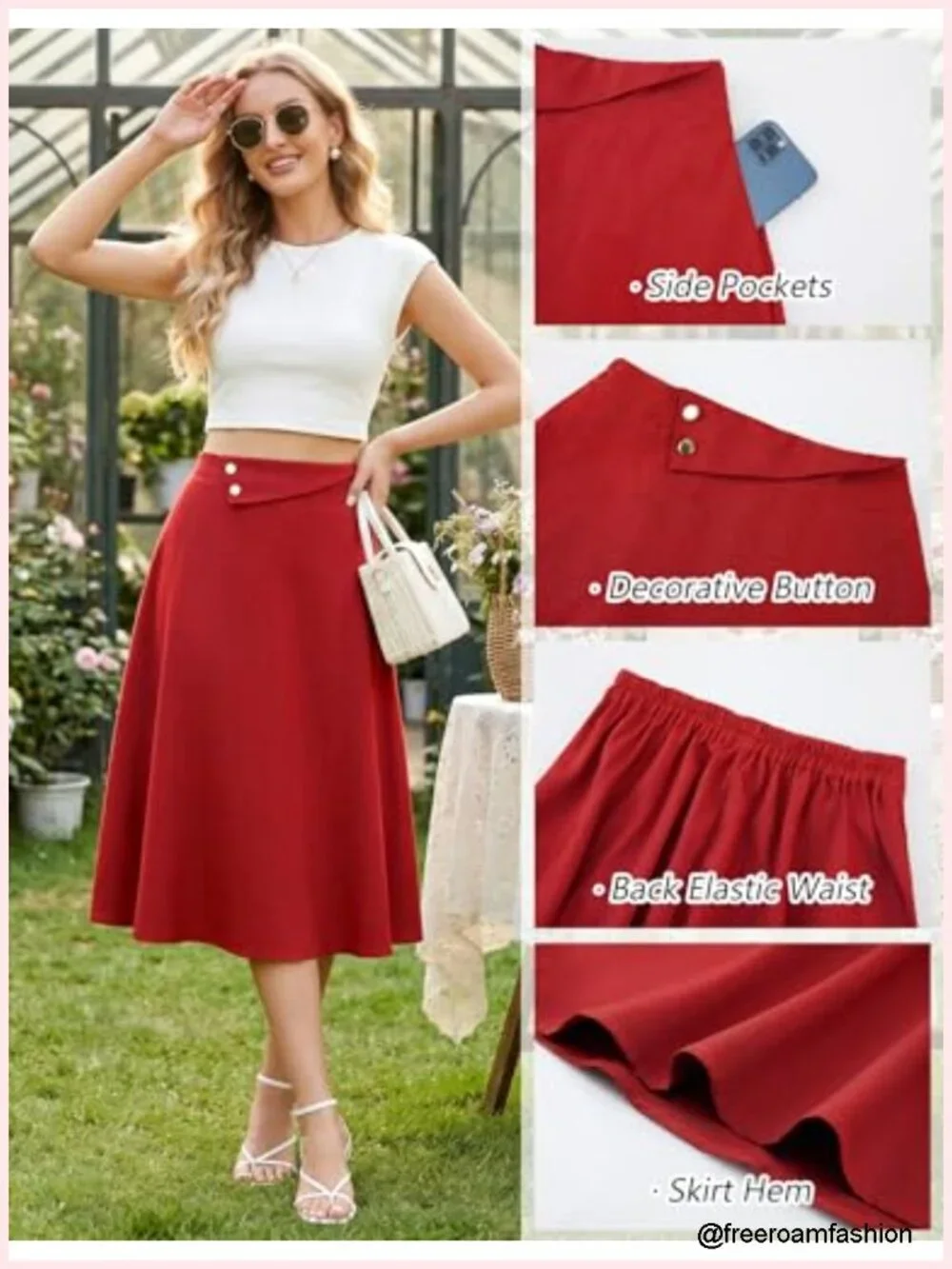 Women's High Waisted Midi Skirt with Pockets A-Line Elastic Waist Flare Skirt